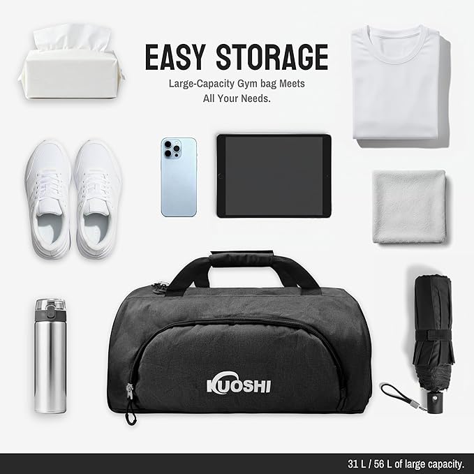 56L Gym Bag Sports Duffle Bag with Shoe Compartment & Wet Pocket, Carry-on Luggage Bag with Quick-Access Pouch, Weekender Overnight Travel Bag for Men & Women