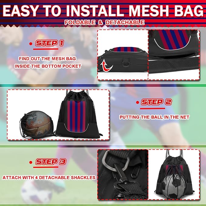 KAEGREEL Drawstring Soccer Bag Basketball Backpack for Kids Teens, Foldable Sports Bags Detachable Ball Mesh Bag for Gym Yoga Football Baseball
