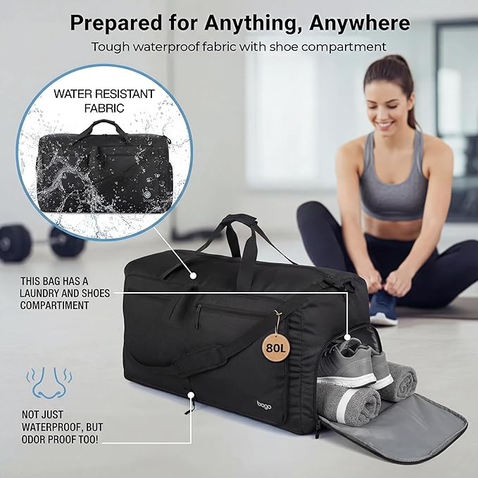 Bago Large Foldable Duffel Bags for Traveling Women & Men - 80L Packable Duffle Bag for Travel with Shoe Compartment - Water Repellant, Heavy Duty, Lightweight Folding & Collapsible (All Black)