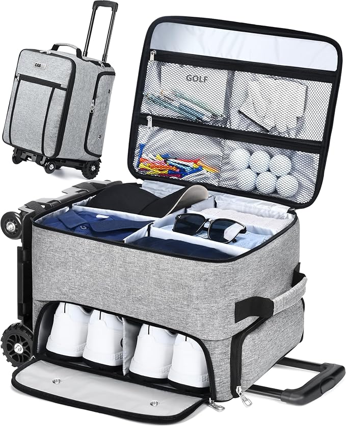 CAB55 Golf Trunk Organizer with 4 Wheels, 2 Layer Waterproof Car Golf Organizer with Separate Ventilated Compartment for 2 Pair Shoes, Golf Trunk Storage for Clothes, Accessories, Golf Gifts