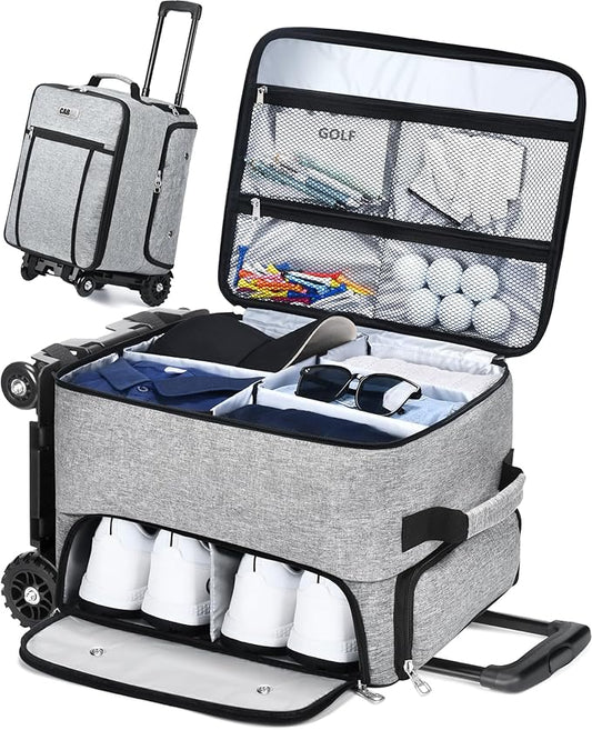 CAB55 Golf Trunk Organizer with 4 Wheels, 2 Layer Waterproof Car Golf Organizer with Separate Ventilated Compartment for 2 Pair Shoes, Golf Trunk Storage for Clothes, Accessories, Golf Gifts