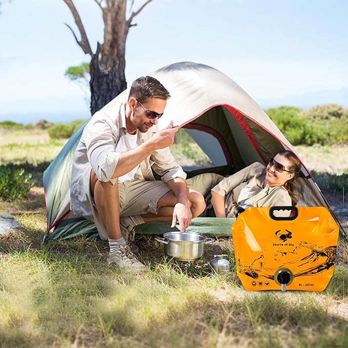 Collapsible 8L Water Storage Bag, BPA-Free Portable Folding Water Jug with Adjustable Faucet, Leakproof Emergency Water Bag for Camping, Hiking, Riding, Outdoor Sport (2, Blue & Orange)