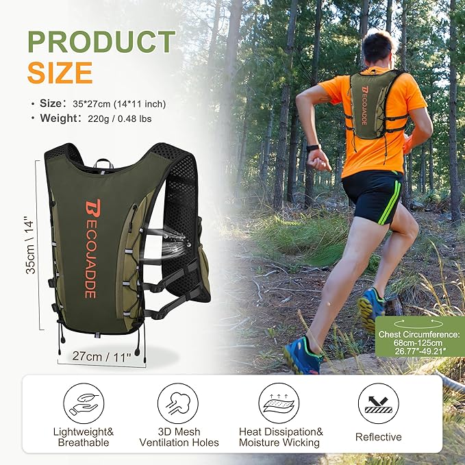BECOJADDE Running Vest Hydration Backpack for Men Women, 5L Lightweight Running Backpack Hydration Pack for Marathon, Trail, Cycling, Hiking, Jogging