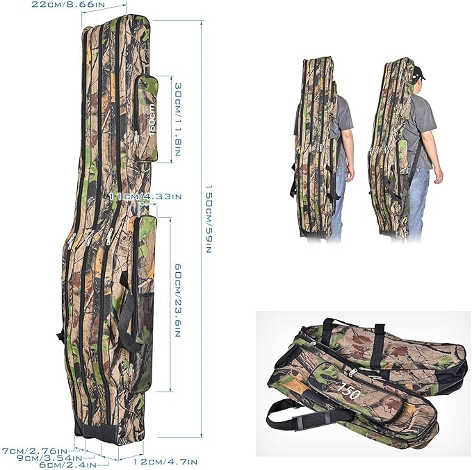 3 Layers Fishing Pole Bag,Portable 3 Layers Oxford Folding Rod Carry Case,Fishing Reel Tackle Storage Bag Case