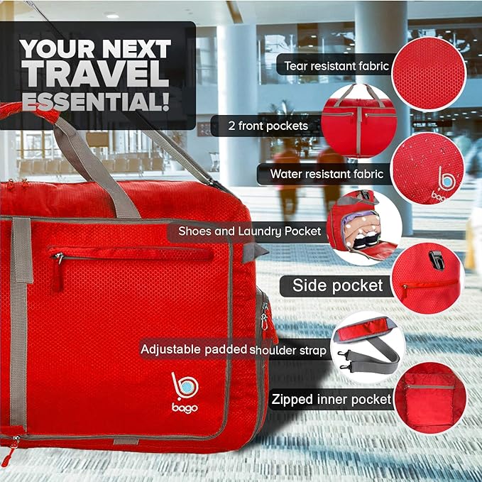 Bago Big XXL Foldable Duffel Bags for Traveling Women & Men - 140L Packable Duffle Bag for Travel with Shoe Compartment - Water Repellant, Heavy Duty, Lightweight Folding & Collapsible (Red)