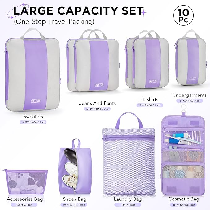 10 Set Compression Packing Cubes for Travel Essentials,Compressible Expandable Packing Cubes for Suitcase,OlarHike Luggage Organizer Bags for Travel,Handy Helper for Organizing Clothes(Light Purple)