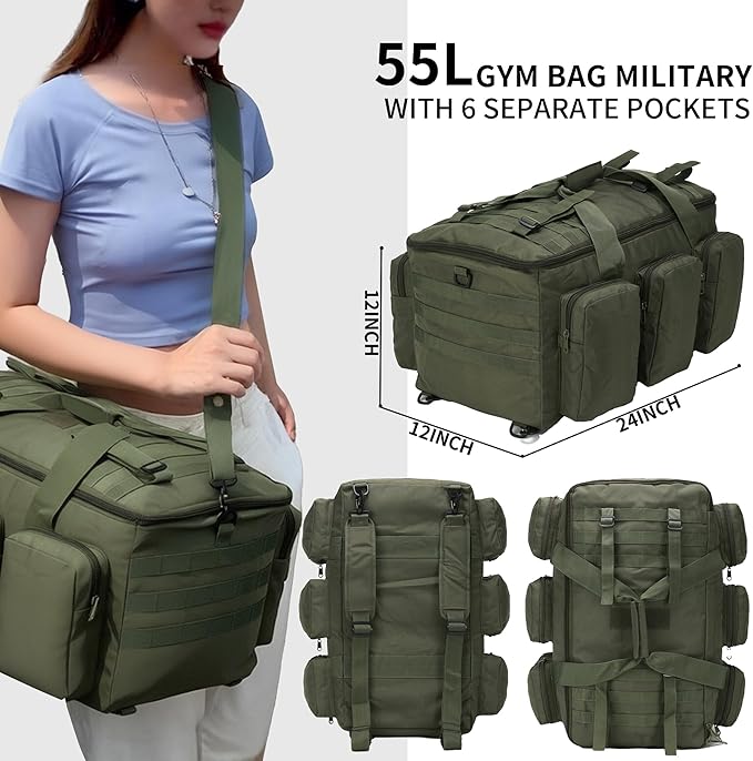 3 In 1 Military Duffel Bag 50L Gym Bag for Men Convertible Weekender Backpack for Sports Travel Basketball