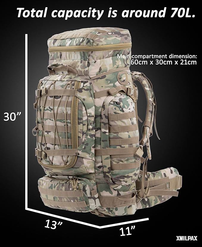 XMILPAX Large Military Backpack Army Rucksack Tactical MOLLE Pack for Camping Backpacking Hunting Bushcraft Adventure 70L…
