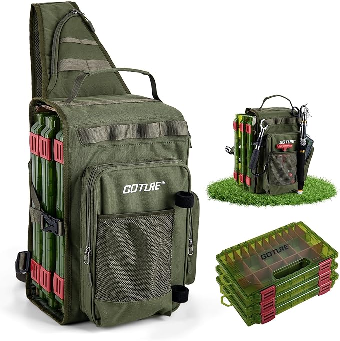 Goture OpenSide Tactical Sling Tackle Bag with 3 Tackle Trays, Lightweight Fishing Backpack Storge Fishing Gear - Green Bag Outdoor,Gift for men