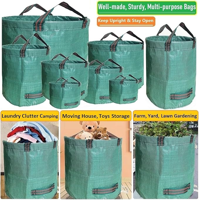 Standard 2-Pack 46 Gallon Lawn Garden Bags (D26,H19 in) Yard Waste Bags W/Gardening Gloves for Leaf Bag,Yard Debris,Trash Container,Recycling Bin,Camping Waste Bin,Grass Clippings,Weeds Bag 4 Handles