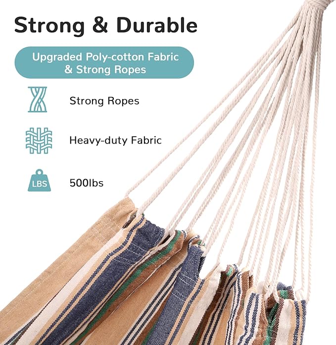 Portable Hammock, 500 lbs Capacity, Multi-Color Stripes, with Tree Straps and Carrying Bag, Suitable for Outdoor, Indoor, Hiking, Beach, Backpacking, Camping Essential Equipment