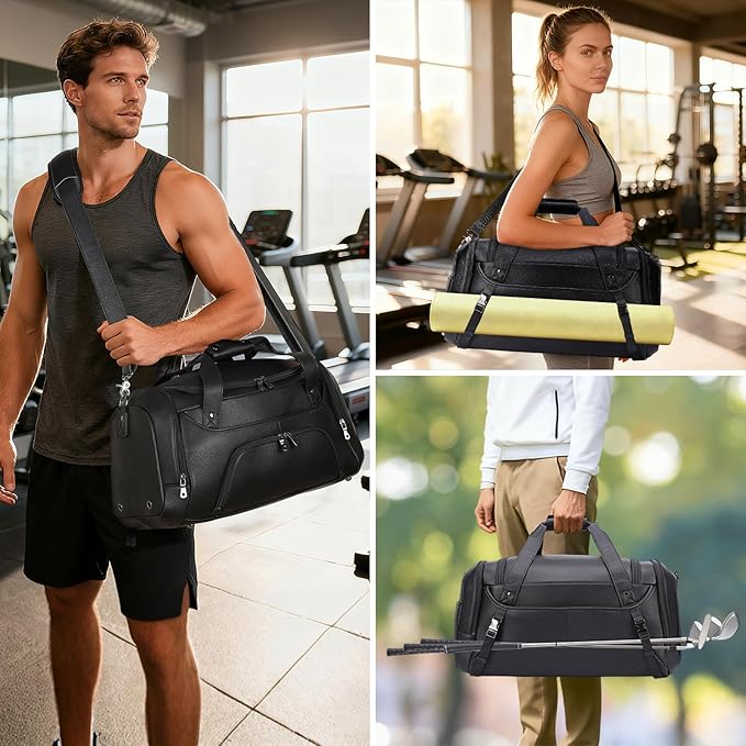 TIDING Leather Travel Duffle Bag for Men Women, 21" Waterproof Gym Sports Duffel Bag Weekender Overnight Luggage Bag with Shoe Pouch_40L