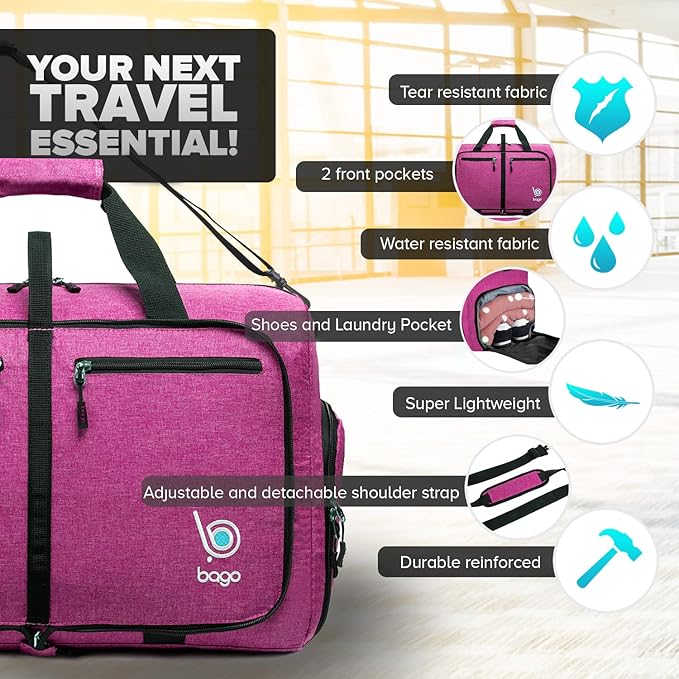 Bago Foldable Duffel Bags for Traveling Women & Men - 40L Sports Packable Duffle Bag for Travel with Shoe Compartment - Water Repellant, Heavy Duty, Lightweight Folding & Collapsible (SnowPink)