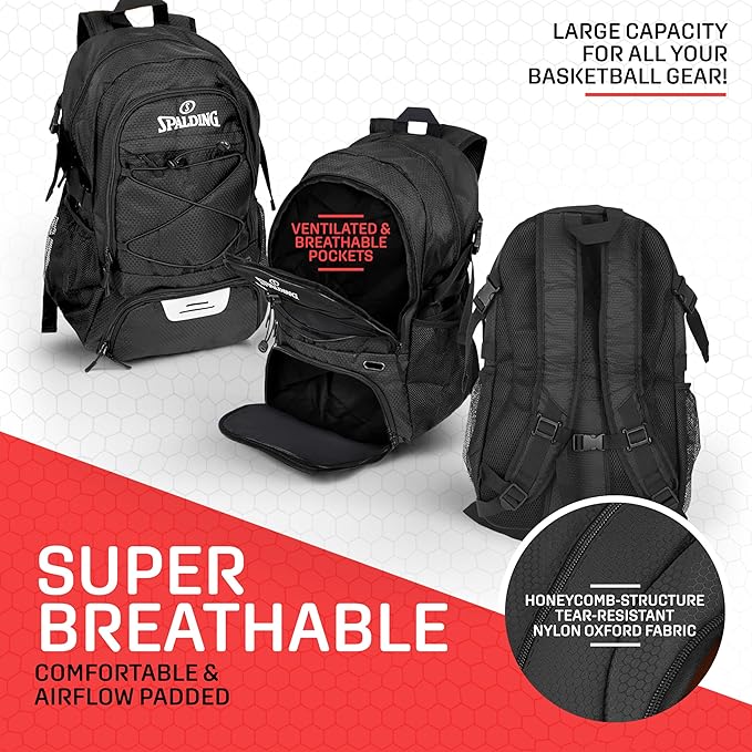 Spalding Basketball Backpack Sports Bag Ultimate Edition | Large Black Backpack with Shoe and Ball Compartment | Use for Sport Accessories and Stuff | Improved Material | Gifts for Basketball Players