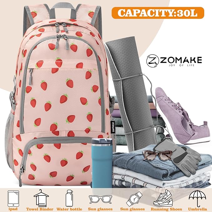 ZOMAKE Lightweight Packable Backpack 30L, Foldable Hiking Backpacks Water Resistant Compact Folding Daypack for Travel(Strawberry print)