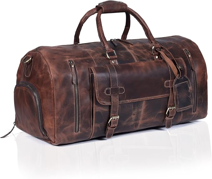 20 Inch Leather Duffel Bags for Men and Women Full Grain Leather Travel Overnight Weekend Bag Sports Gym Duffel for Men