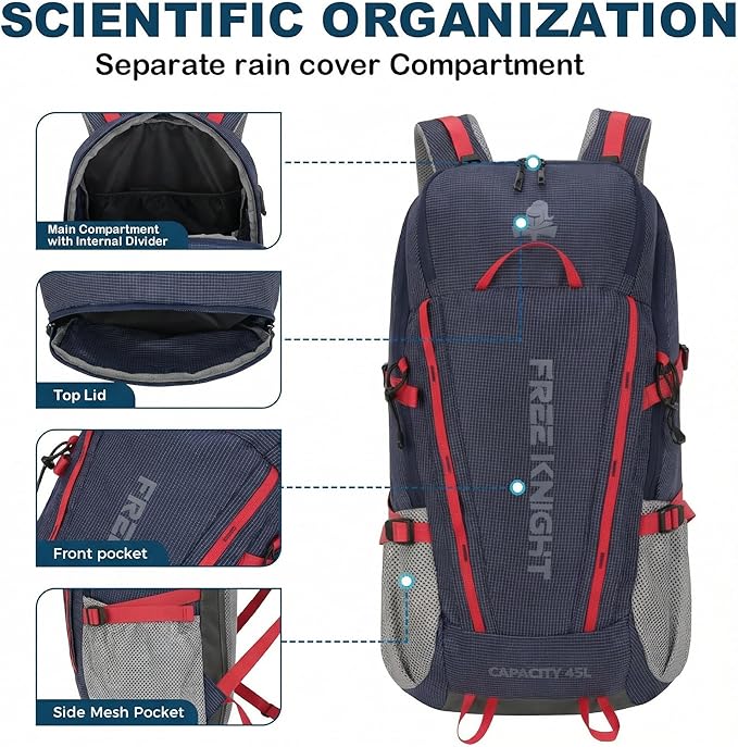 Bseash 45L Waterproof Hiking Camping Backpack with Rain Cover, Outdoor Sport Travel Bag Daypack for Climbing Skiing Cycling (Navy Blue)