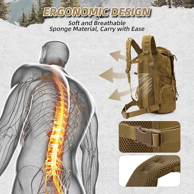 AUMENTAR 35L Military Tactical Backpack for Men,Water Resistant Assault Pack for Women,Khaki Molle Daypack 3 Day Bug Out Bag Rucksack for Trekking, Camping,Survival,EDC