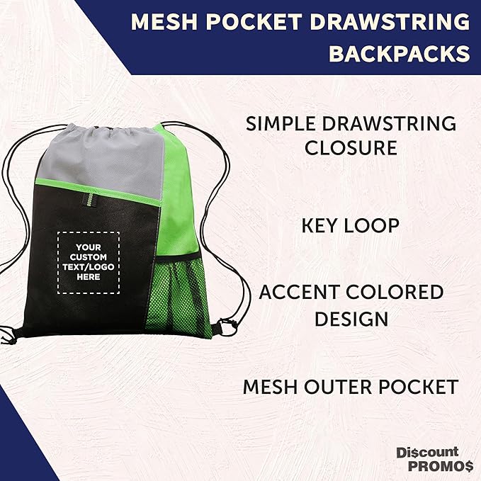 DISCOUNT PROMOS Custom Non-Woven Drawstring Backpacks Set of 10/50/100, Personalized Bulk Pack
