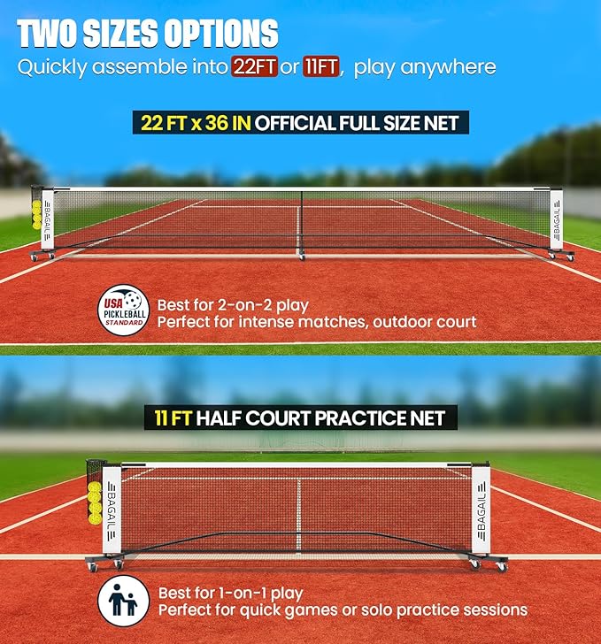 BAGAIL Portable Pickleball Net Set, 22 FT Regulation Size Pickle Ball Net with Ball Collector, 4 Balls and Carry Bag, Easy Setup for Outdoor Indoor Driveway