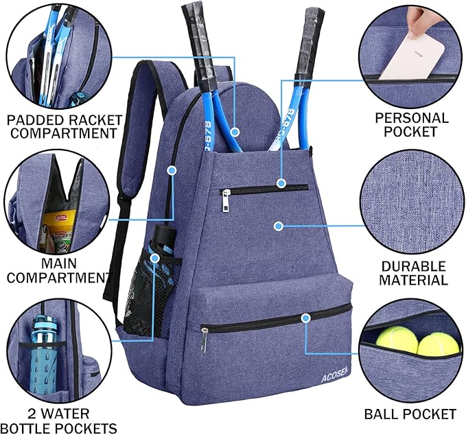 ACOSEN Tennis Bag Tennis Backpack - Large Tennis Bags for Women and Men to Hold Tennis Racket,Pickleball Paddles, Badminton Racquet, Squash Racquet,Balls and Other Accessories