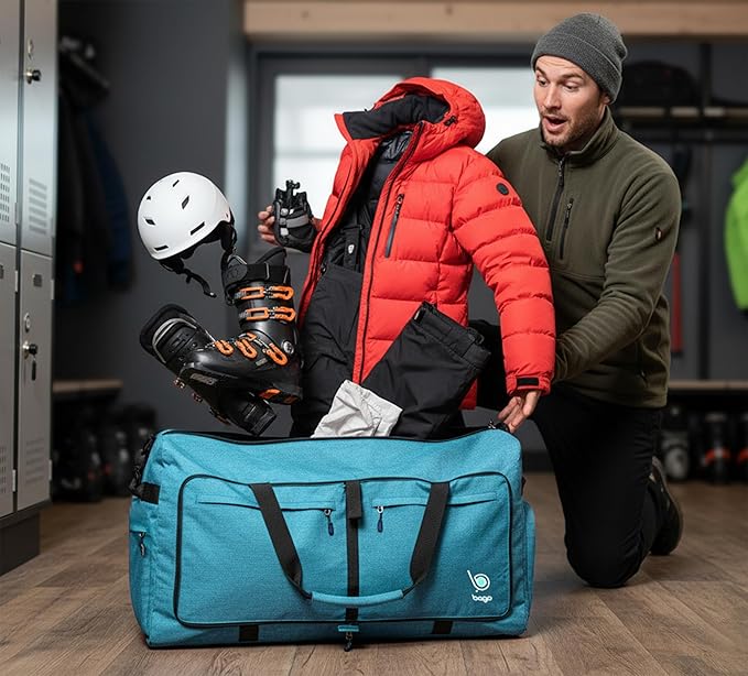 Bago Large Foldable Duffel Bags for Traveling Women & Men - 100L Packable Duffle Bag for Travel with Shoe Compartment - Water Repellant, Heavy Duty, Lightweight Folding & Collapsible (SnowBlue)
