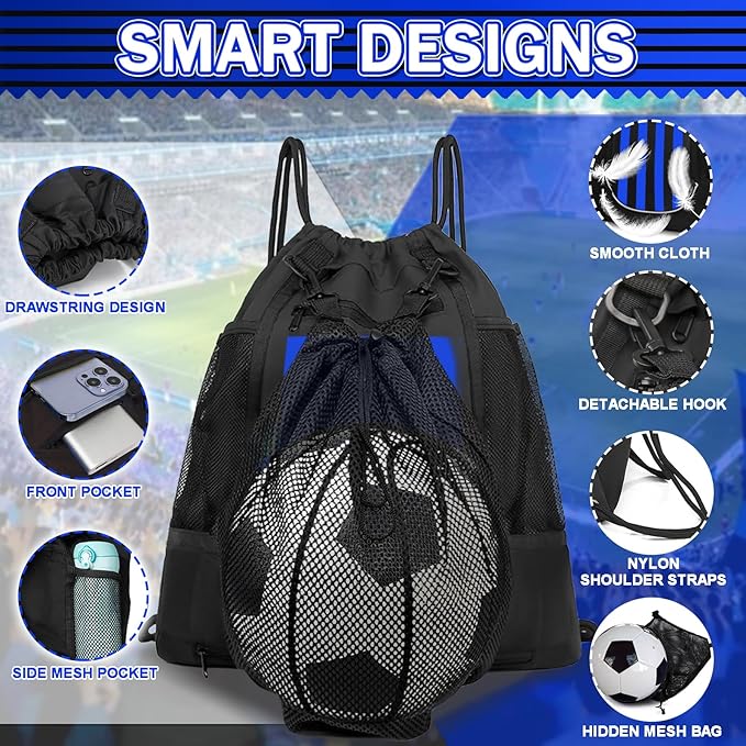 KAEGREEL Drawstring Soccer Bag Basketball Backpack for Kids Teens, Foldable Sports Bags Detachable Ball Mesh Bag for Gym Yoga Football Baseball