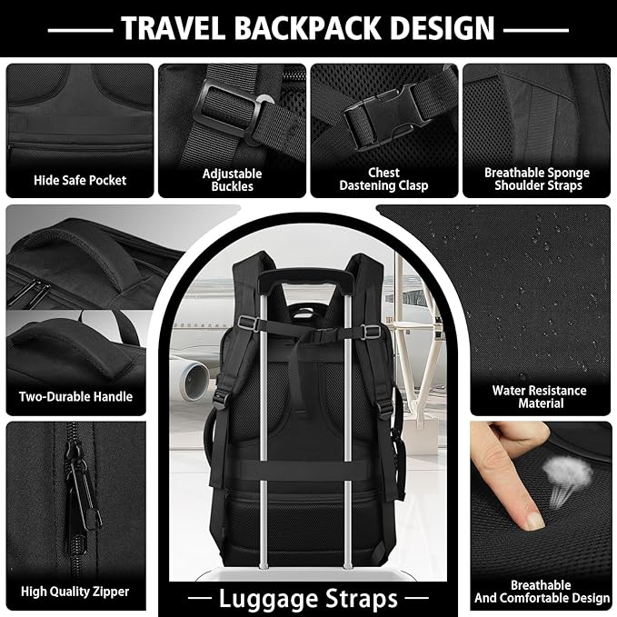 Carry On Backpack,Expandable Travel Backpack 50-60L Large Capacity with USB Cable Port Fits18.4 Inch Laptop,Water Resistant Weekender Backpack for Men Women Business College Hiking Commuting,Black