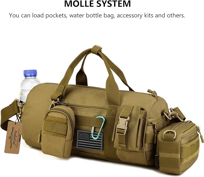 ArcEnCiel Small Tactical Duffle Bag Men Gym Pack Military Molle Shoulder Bags Shoes Storage Sports Handbag with Patch (Coyote Brown)