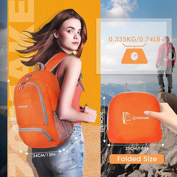ZOMAKE Lightweight Packable Backpack 30L, Foldable Hiking Backpacks Water Resistant Compact Folding Daypack for Travel(Orange)