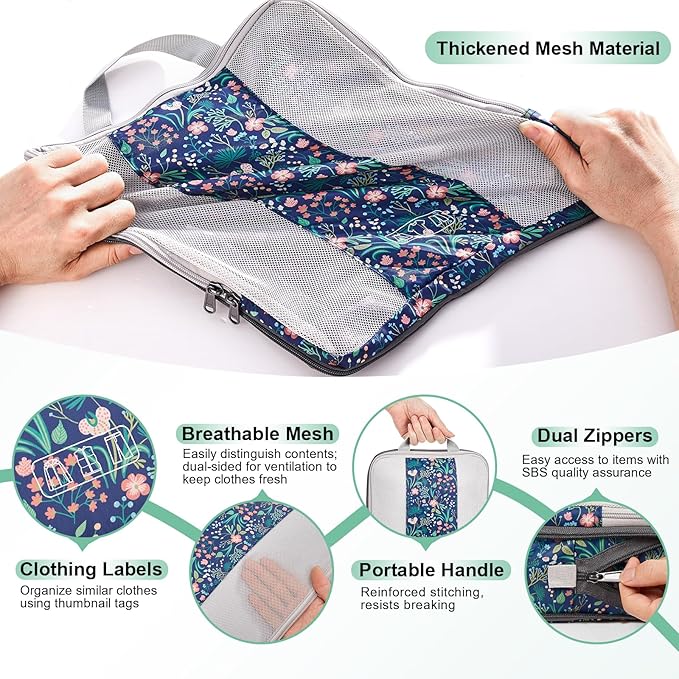 8 Set Compression Packing Cubes for Travel Essentials,Compressible Expandable Packing Cubes for Suitcase,OlarHike Luggage Organizer Bags for Travel(Dark Blue Floral)