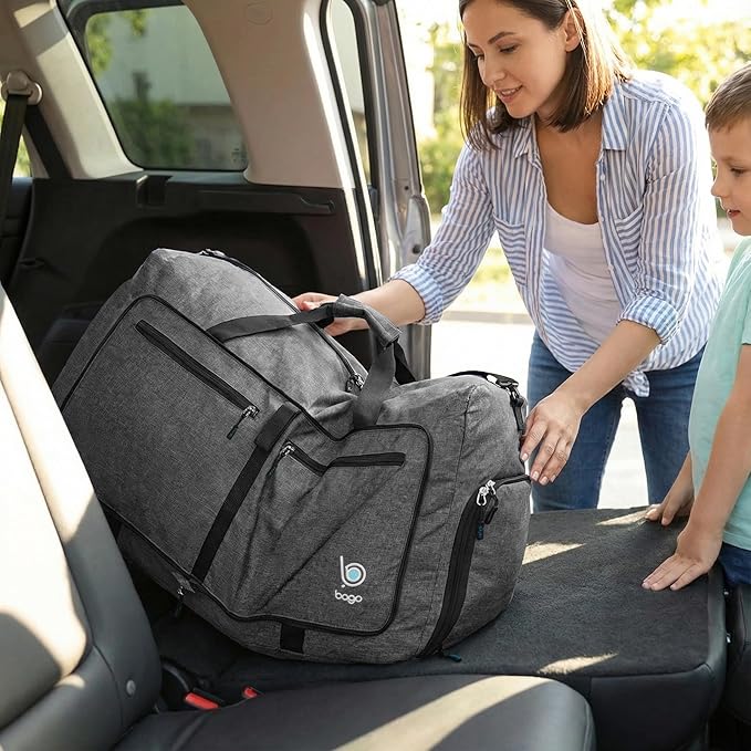 Bago Large Foldable Duffel Bags for Traveling Women & Men - 80L Packable Duffle Bag for Travel with Shoe Compartment - Water Repellant, Heavy Duty, Lightweight Folding & Collapsible (SnowBlack)