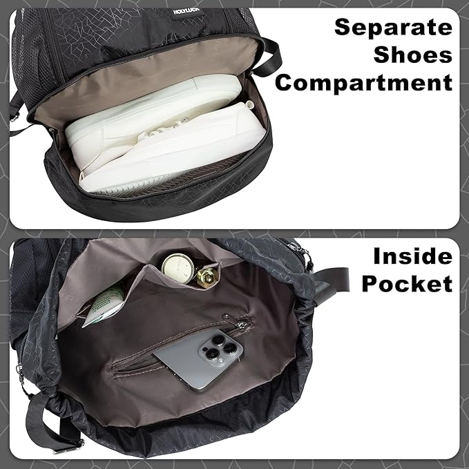 HOLYLUCK Drawstring Backpack with Shoe Compartment, Gym Bag Backpack for Men Women, Cinch Swim Beach Bag String Sports Bag for Soccer and Basketball, Black