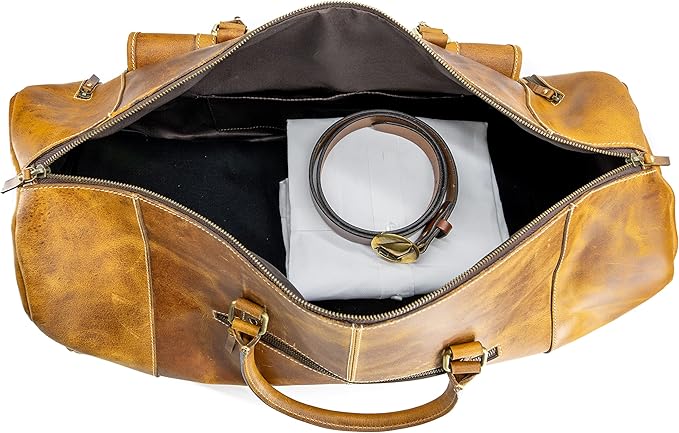 KomalC 24 Inch Leather Duffle Bags for Men and Women Travel Overnight Weekend Bag Sports Gym Duffel for Men (Tan with Shoe pocket)