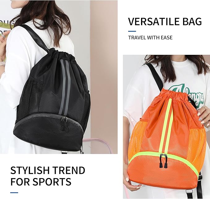 Drawstring Backpack Gym Bag with Shoes Compartment for Soccer, Basketball, Swim, Water-Resistant String Backpack Beach Cinch for Women Men, Orange