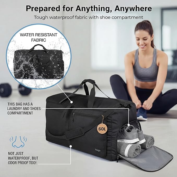 Bago Foldable Duffel Bags for Traveling Women & Men - 60L Medium Packable Duffle Bag for Travel with Shoe Compartment - Water Repellant, Heavy Duty, Lightweight Folding & Collapsible (All Black)