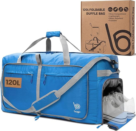 Bago Large Foldable Duffel Bags for Traveling Women & Men - 120L Packable Duffle Bag for Travel with Shoe Compartment - Water Repellant, Heavy Duty, Lightweight Folding & Collapsible (Blue)