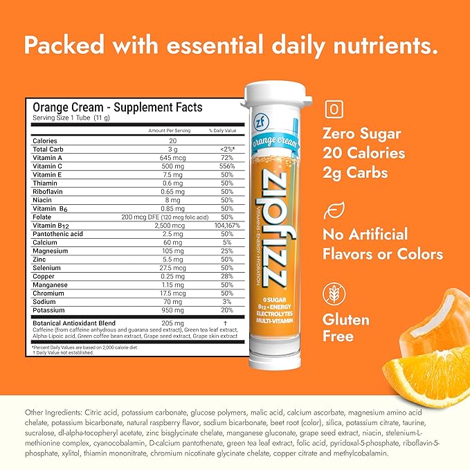 Zipfizz Daily Energy Drink Powder, Orange Cream, 20 Pack | 3-in-1 Sustained Energy, Rapid Hydration, and Essential Vitamins | Sugar-Free | Electrolyte Powder | Contains Vitamin B-12 & Antioxidants