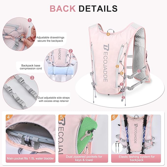 BECOJADDE Running Vest Hydration Backpack for Men Women, 5L Lightweight Running Backpack Hydration Pack for Marathon, Trail, Cycling, Hiking, Jogging