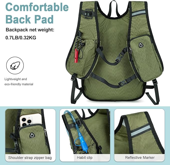 BOVIP Lightweight Hydration Back,15L Multipurpose Hiking Backpack with 1.5L Water Bladder ,Hydro Water Daypack for Cycling Hiking Rave for Men Women