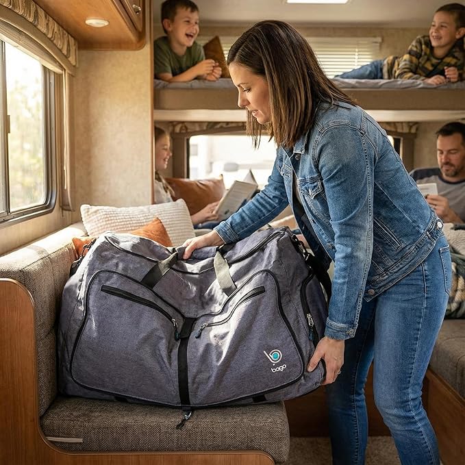 Bago Large Foldable Duffel Bags for Traveling Women & Men - 80L Packable Duffle Bag for Travel with Shoe Compartment - Water Repellant, Heavy Duty, Lightweight Folding & Collapsible (SnowBlack)