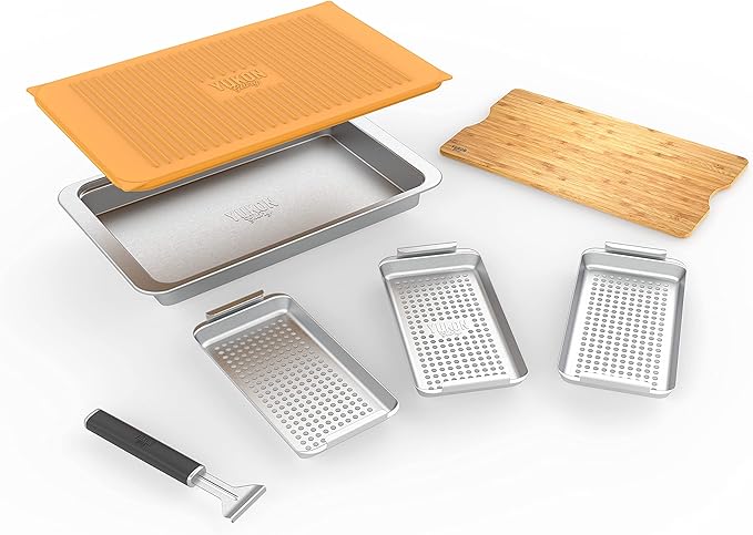 Yukon Glory™ BBQ 'N SERVE Premium Set, Includes 3 Grill Baskets, Serving Tray, Bamboo Cutting Board, Plastic Lid and Clip-on Handle