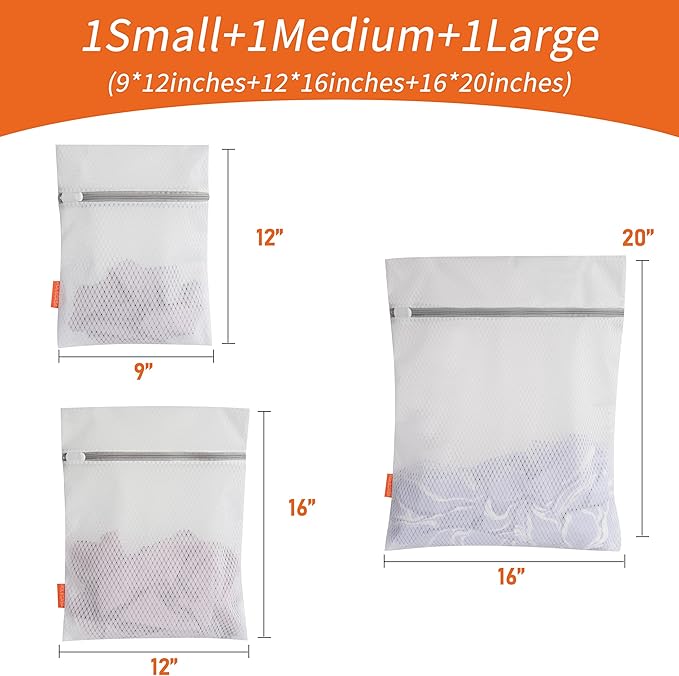 Polecasa 3Pcs Extra Durable 125g Diamond Mesh Laundry Bags with Sturdy Zipper, Larger Holes, Variety Sizes for all Your Delicates, Bras, Baby Clothes, Travel Essentials (1 Large, 1 Medium, 1 Small)