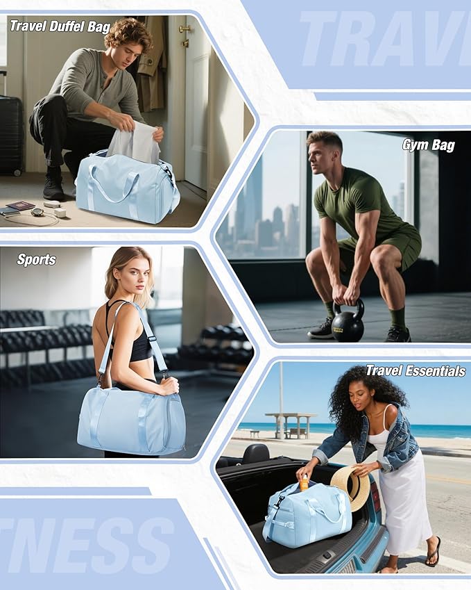 Gym Duffle Bag for Women Carry on Luggage Travel Essentials Airline Approved Personal Item 18x14x8 Inches Lightweight Weekender Sports Travel Duffel Bag with Shoe Compartment Wet Pocket Men LightBlue