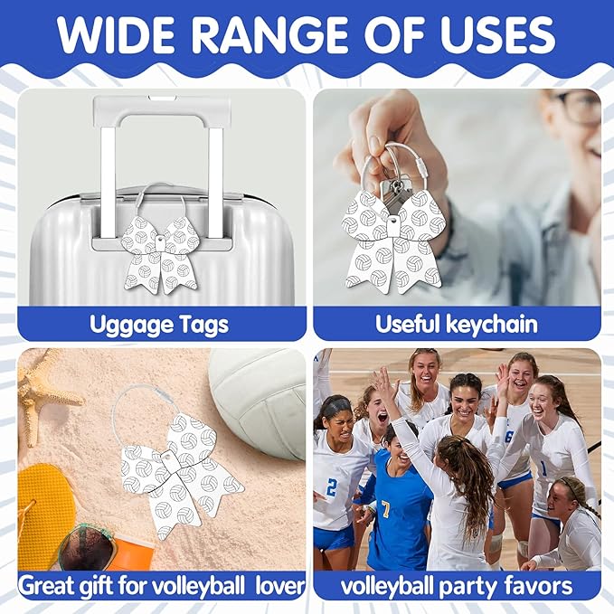 12 Pcs Volleyball Bow Luggage Tags for Volleyball Travel Suitcase Labels with Metal Ring 2.75in Volleyball-Related Keychain PVC Name ID Card and DIY Pocket Hug Card for Men Women Travel Bag Suitcase