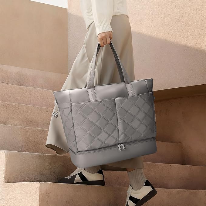 Weekender Bag for Women Men, Large Overnight Bag Faux Leather Travel Duffel Bag with Shoe Compartment Toiletry Packing Cube Carry On Bag Fit 21" Laptop 3Pcs Set (2PCS Grey)