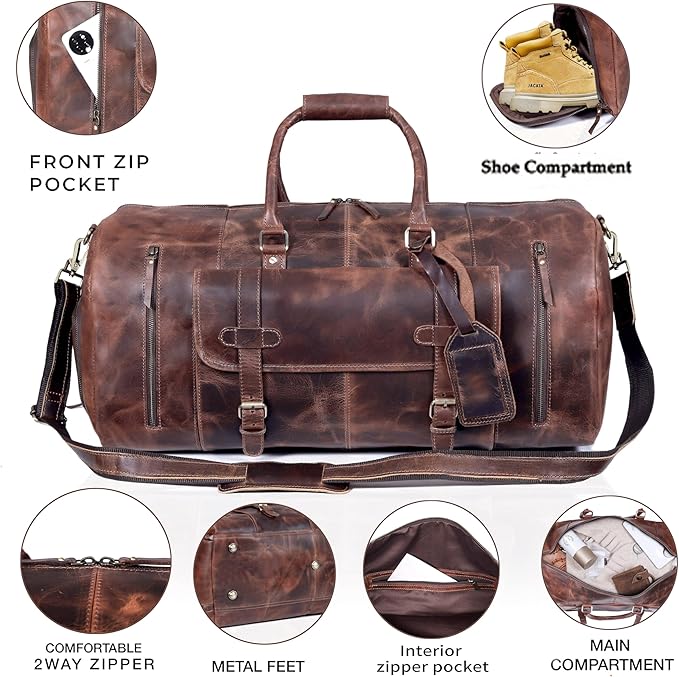 24 Inch Genuine Leather Duffle Bag for Men Travel Overnight Weekender Leather Duffel Bags Sports Gym Duffel for Men and Women Carry On Luggage for Traveling