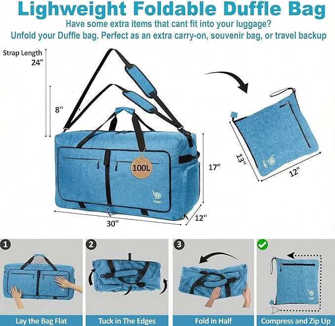 Bago Large Foldable Duffel Bags for Traveling Women & Men - 100L Packable Duffle Bag for Travel with Shoe Compartment - Water Repellant, Heavy Duty, Lightweight Folding & Collapsible (SnowBlue)