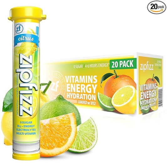 Zipfizz Daily Energy Drink Powder, Citrus, 20 Pack, 3-in-1 Sustained Energy, Rapid Hydration, and Essential Vitamins, Sugar-Free, Electrolyte Powder, Contains Vitamin B-12 & Antioxidants