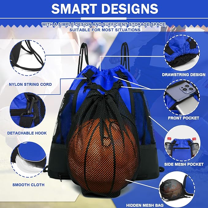 KAEGREEL Drawstring Soccer Bag Basketball Backpack for Kids Teens, Foldable Sports Bags Detachable Ball Mesh Bag for Gym Yoga Football Baseball